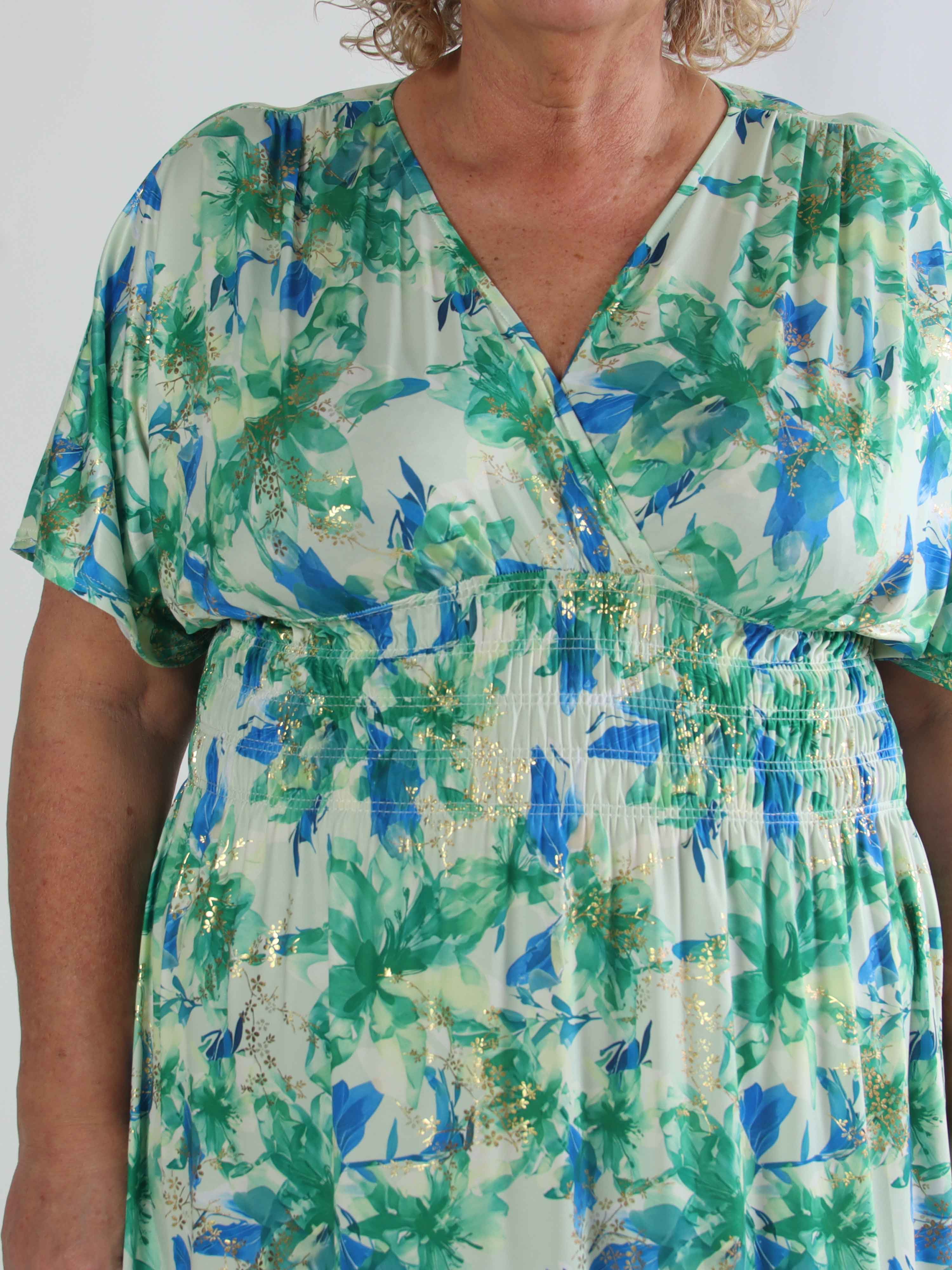 Pams Flourish - Lang plus size kjole med fine blomster og guld blade